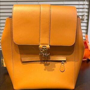 Ralph Lauren Citrus Orange Leather RL Logo Backpack